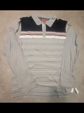 Tommy Hilfiger Light Gray Long Sleeve Polo with Navy & Red Stripe Detail